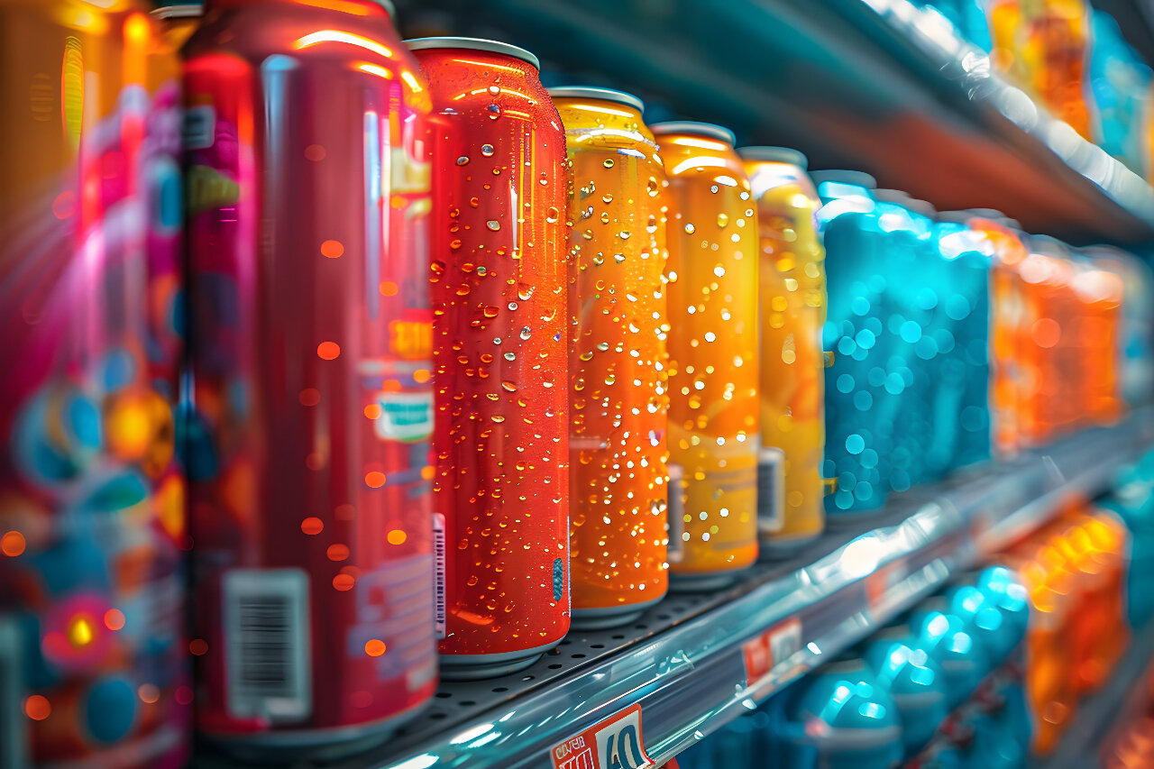 Coloured soda cans lined up